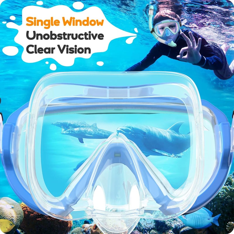 Seovediary Kids Snorkel Set, Anti-Fog Panoramic Tempered Glass Kids Snorkel mask, Anti-Leak Scuba Diving Mask with Mesh Bag, Dry Top Snorkeling Gear for Kids and Youth Age 4-16 - Image 3